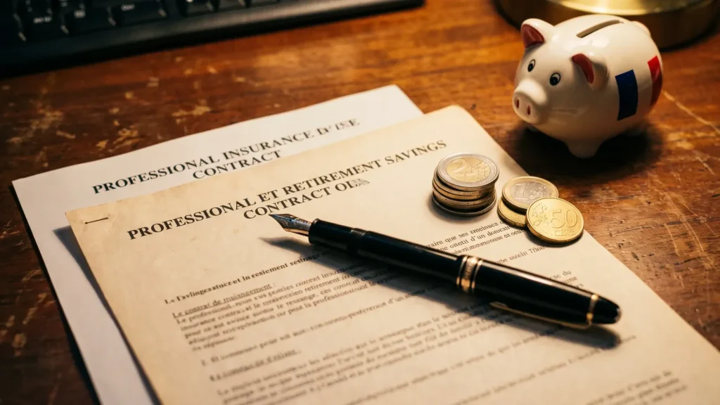 Contrat d’épargne retraite Madelin avec stylo et pièces de monnaie