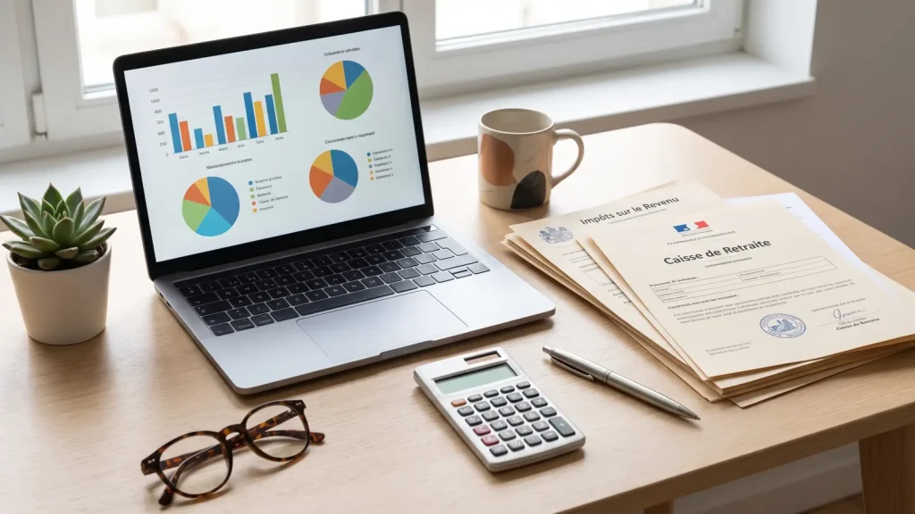Bureau avec calculatrice et documents fiscaux pour la déduction Madelin