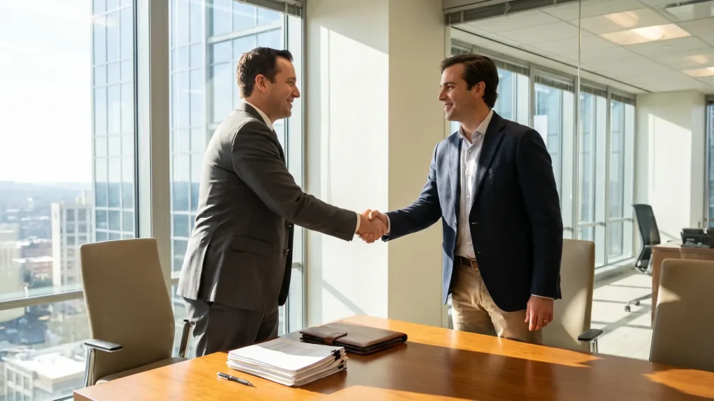 Poignée de main entre un conseiller et un indépendant pour un contrat PER