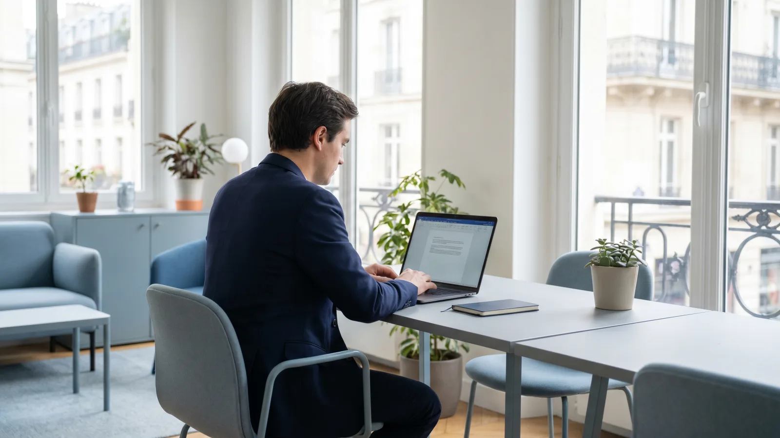 Consultant indépendant examinant un contrat de responsabilité civile professionnelle dans son bureau