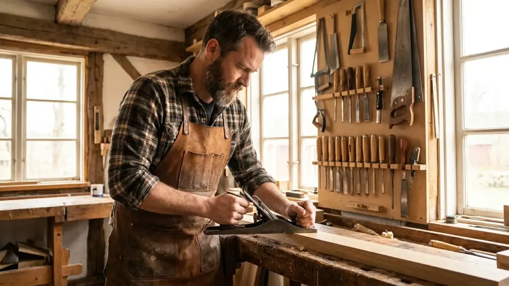 Artisan indépendant au travail dans son atelier de menuiserie