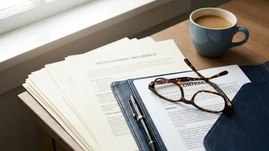 Documents et contrat de prévoyance professionnelle posés sur un bureau