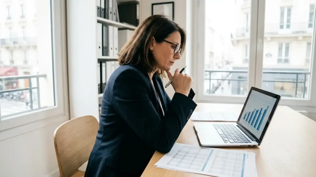 Une dirigeante analyse les documents financiers de son entreprise après un sinistre