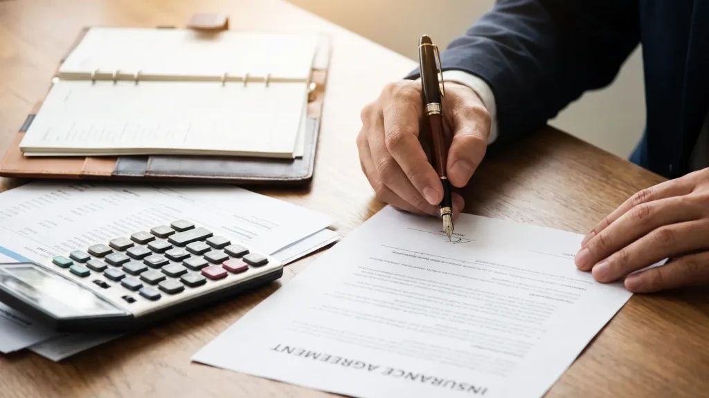 Signature d'un contrat d'assurance perte d'exploitation avec calculatrice