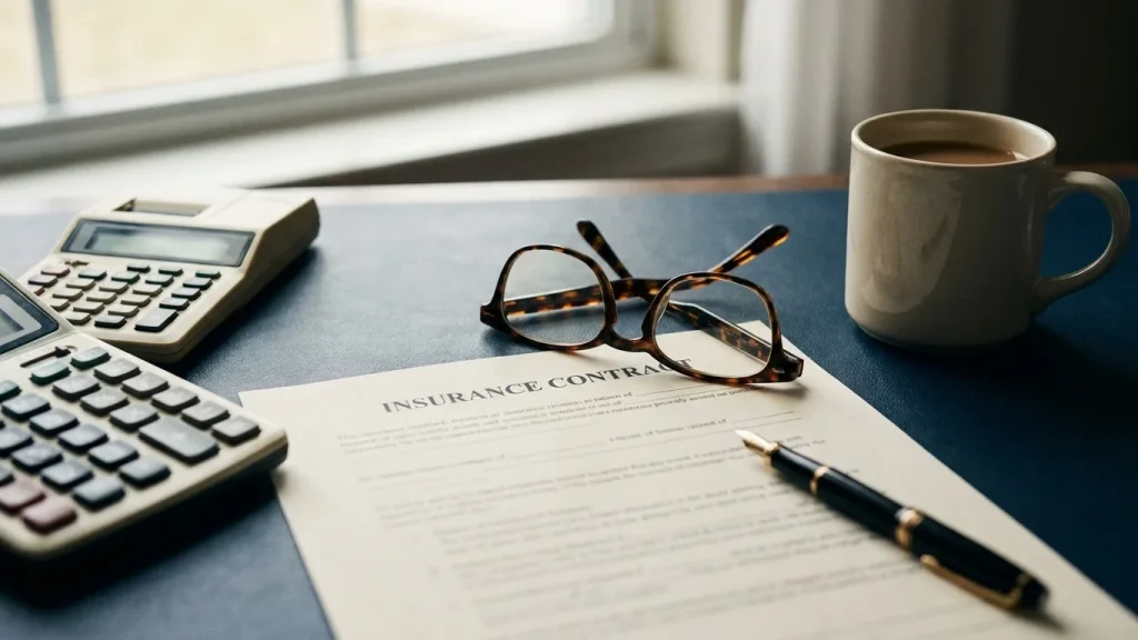 Contrat de prévoyance et calculatrice sur un bureau professionnel