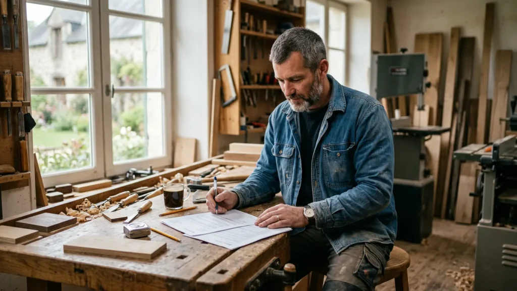 Artisan consultant ses documents d’affiliation dans son atelier