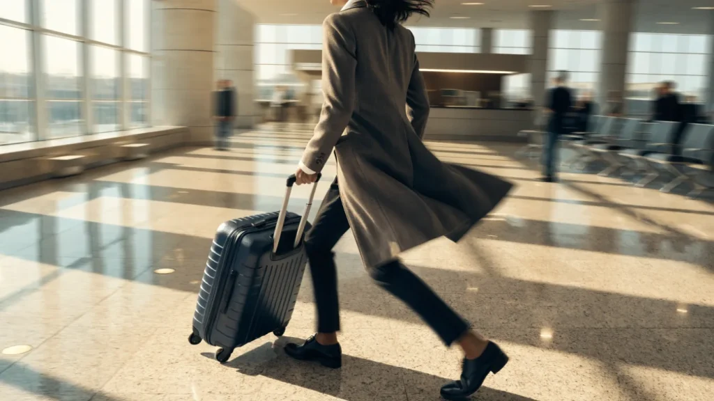 Voyageur d'affaires traversant un terminal d'aéroport avec sa valise cabine